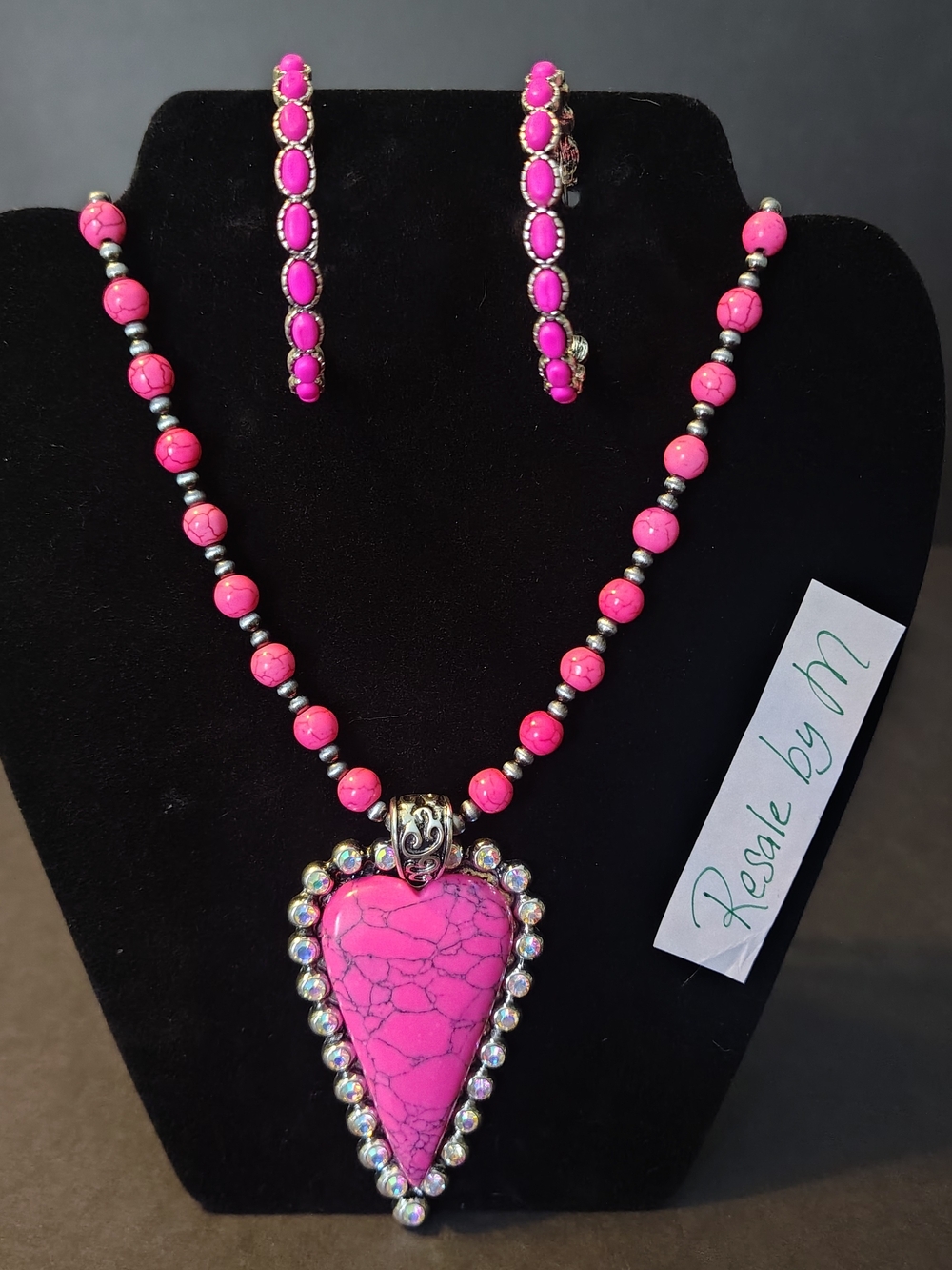 Pink Heart Pendant Necklace and Earrings Set